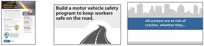 Cover page of fact sheet; animated image - Build a motor vehicle safety program to keep workers safe on the road; Driver gif - All workers are at risk of crashed, whether they...