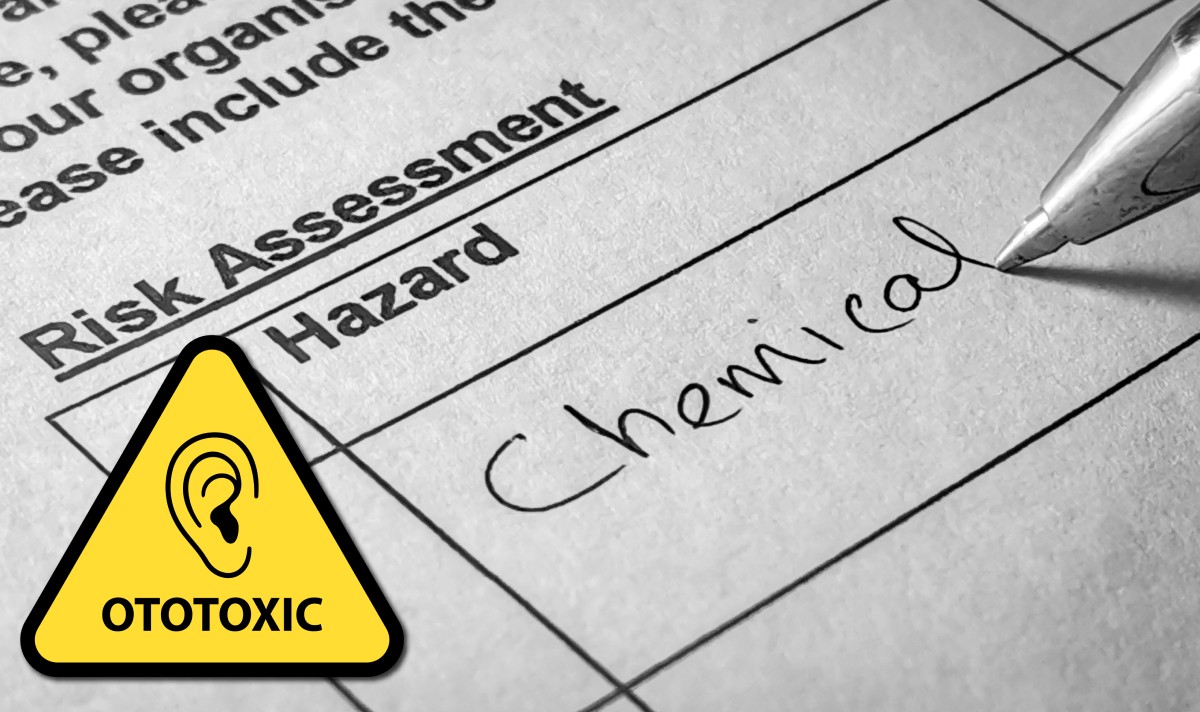 A picture containing text, stationary, document with a yellow triangle overtop of it that says ototoxic