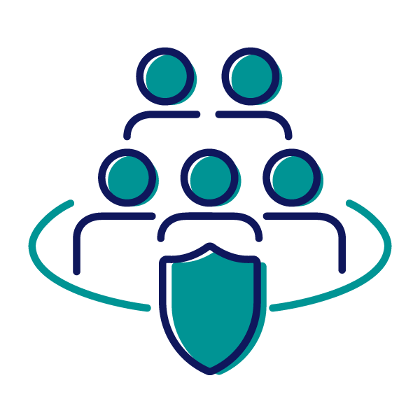 Icon of five stick figures grouped together, surrounded by a shield.