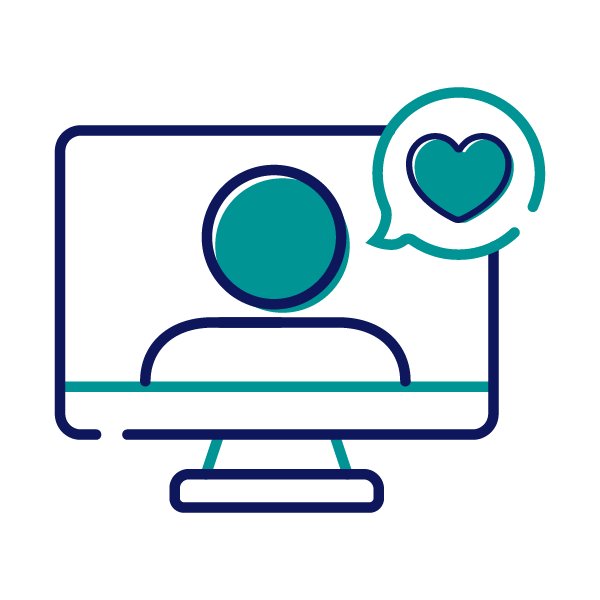 Icon of a computer monitor with a person on the screen, like in a video call. A speech bubble has a heart inside.