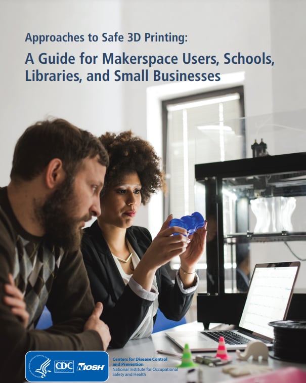 Cover of NIOSH Publication 2024-103 -Approaches to safe 3D printing: a guide for markerspace users, schools, libraries, and small businesses. Oicture of a man and women working on a computer.