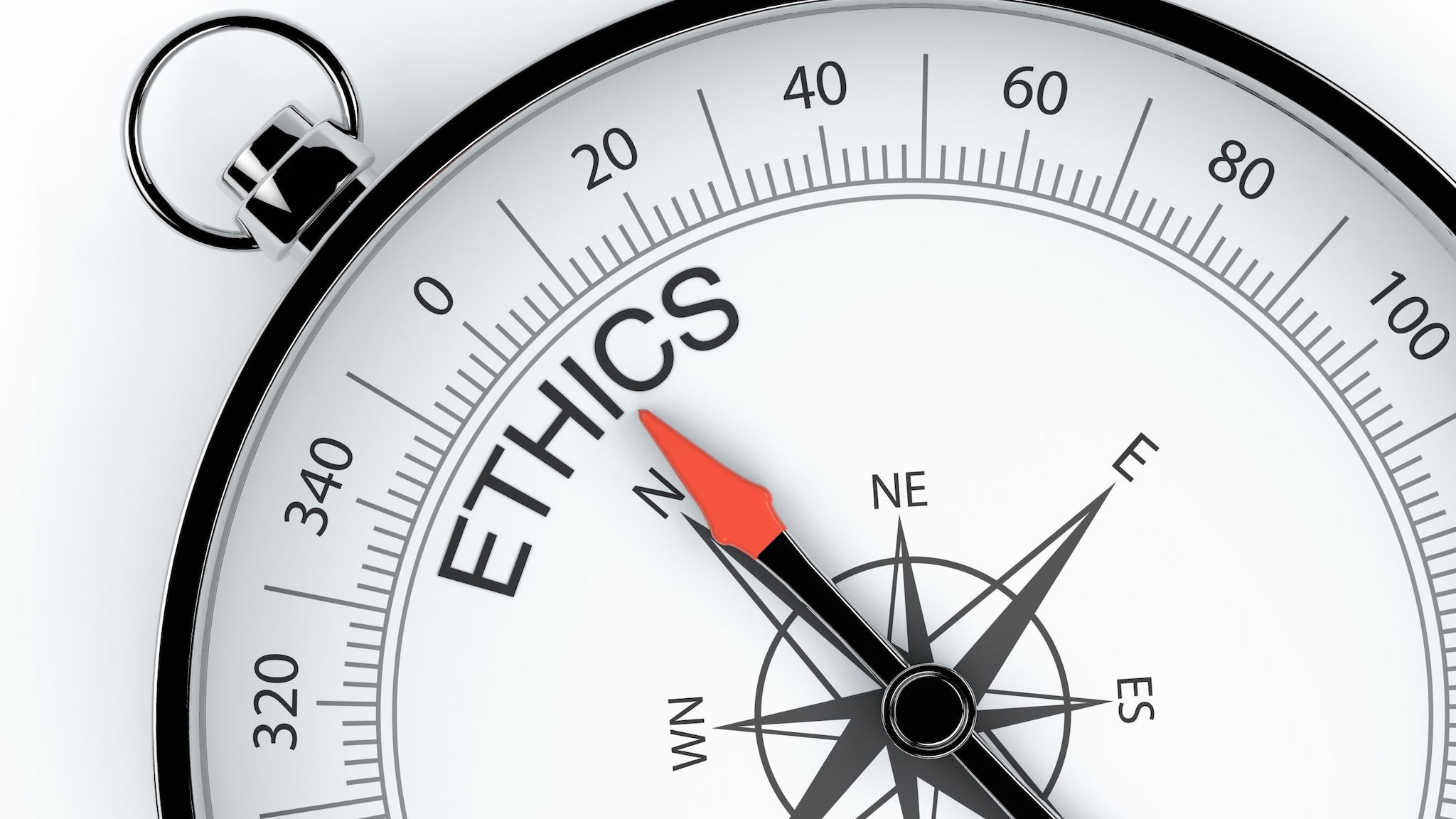 Compass with dial pointing to the word "ethics."