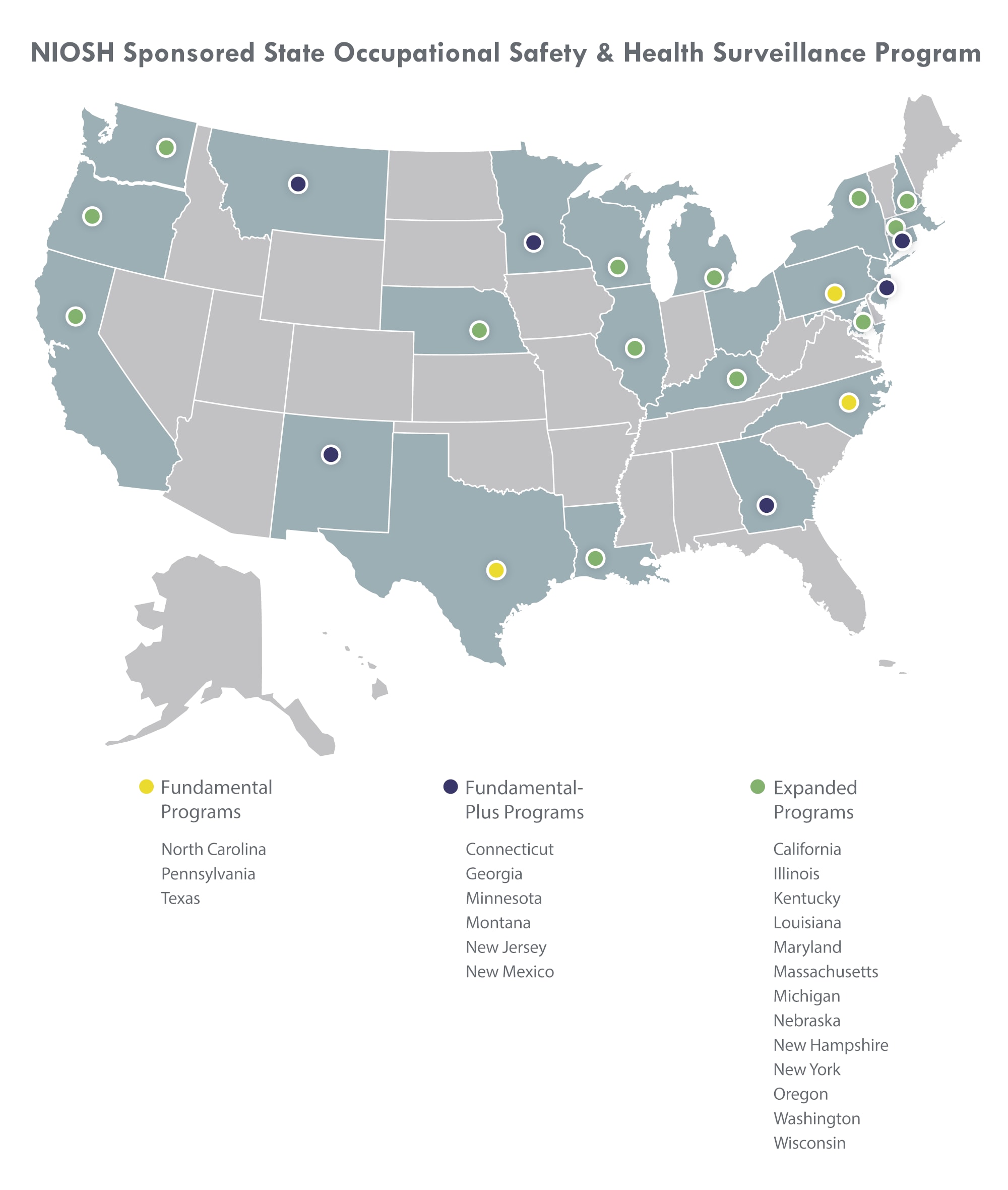 Map of states participating in the NIOSH Sponsored State Occupational Health Safety Surveillance Program