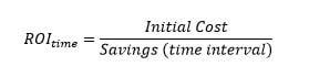 A math equation with "ROI time" on the left side, and a quotient on the right side with "initial cost / savings (time interval)."