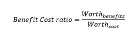 a math formula with benefit cost ratio on the left and a quotient made up "worth benefits/worth cost" on the right.