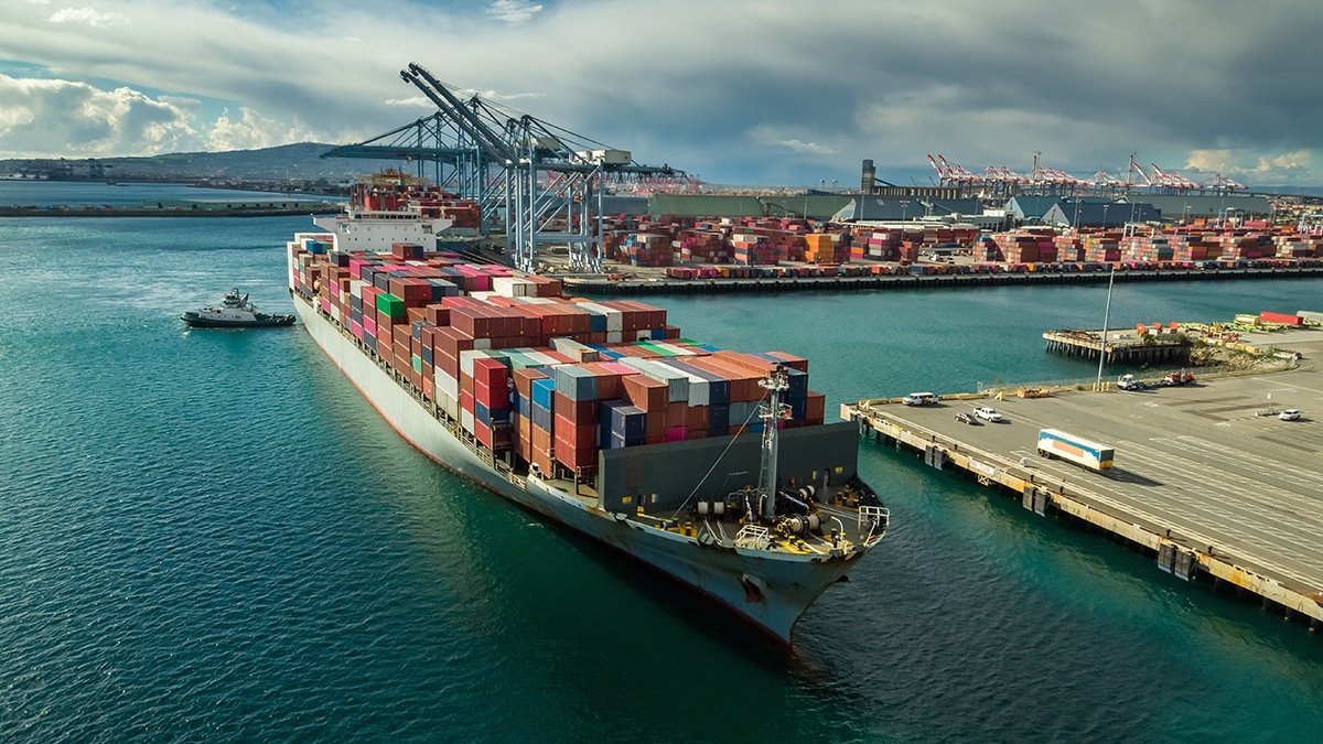 Aerial image of a cargo ship loaded with containers with a row of cargo cranes in the background.