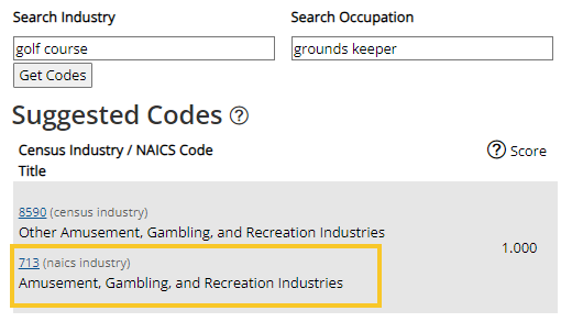 Screen shot of the NIOCCS autocoder. "Golf Course" was entered in the industry field; NIOCCS provided the standard NAICS code "713".