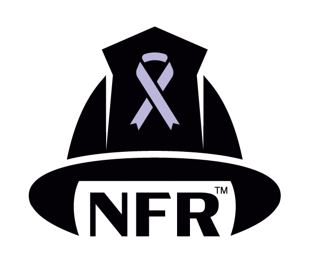 Black firefighter helmet with purple cancer ribbon on front; "NFR" under the helmet