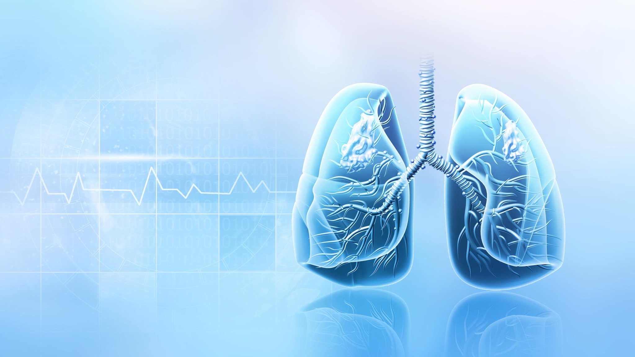 Light blue and purple background with blue scientific depiction of lungs