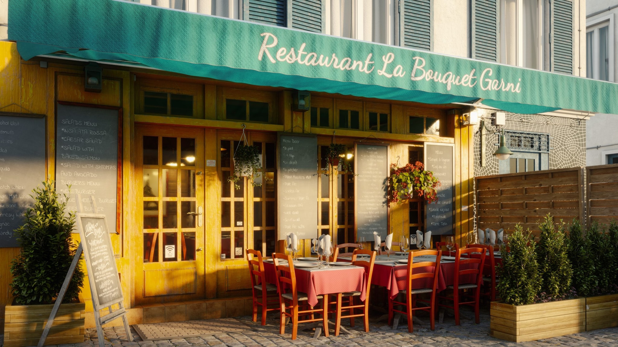 Image of the outside of a restaurant with a teal blue awning and yellow doors.