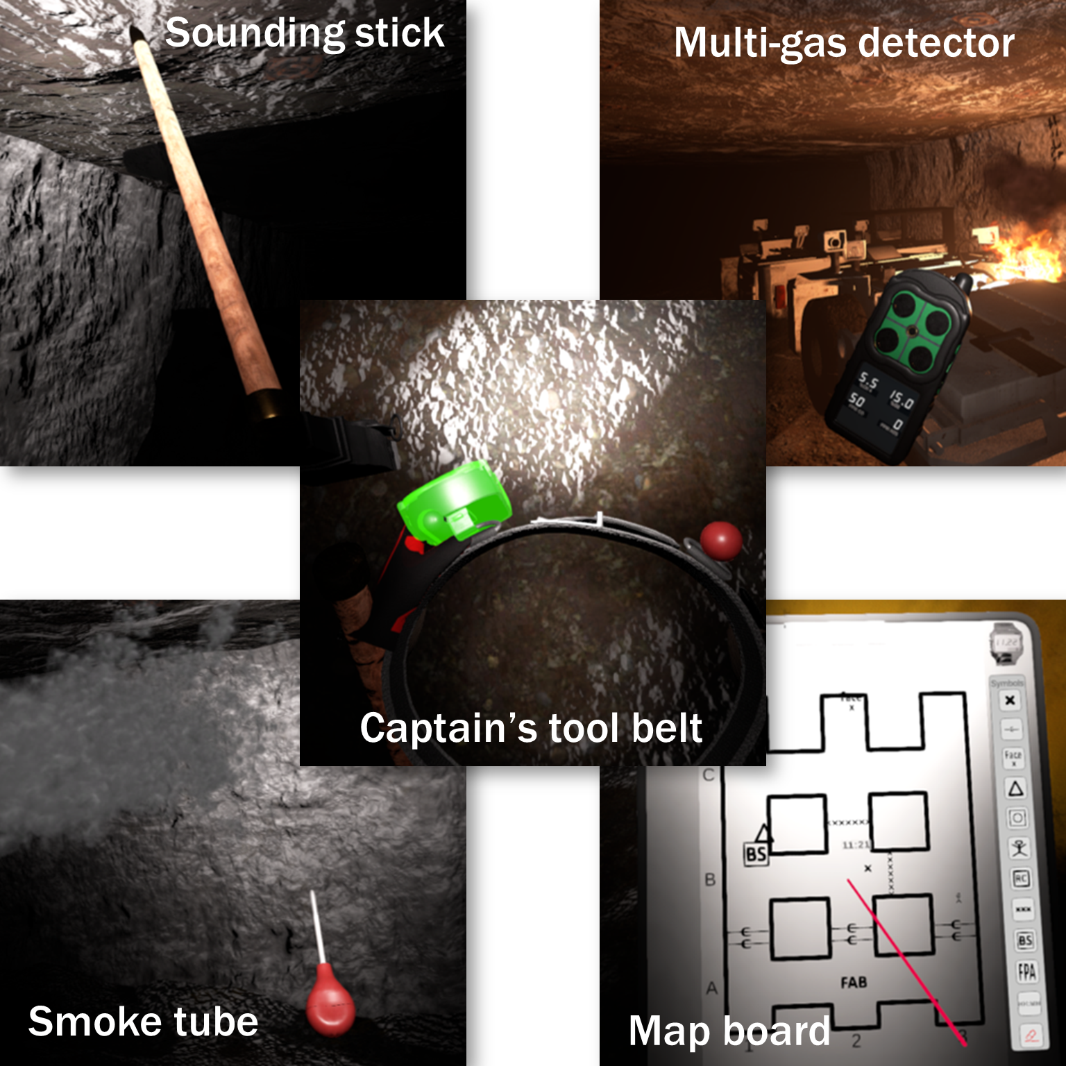 Screen captures from the first-person perspective of the tools available to various roles. Top left: a sounding stick; Top right: a multi-gas detector; Bottom left: a smoke tube; Bottom right: a map board; Center: captain's tool belt