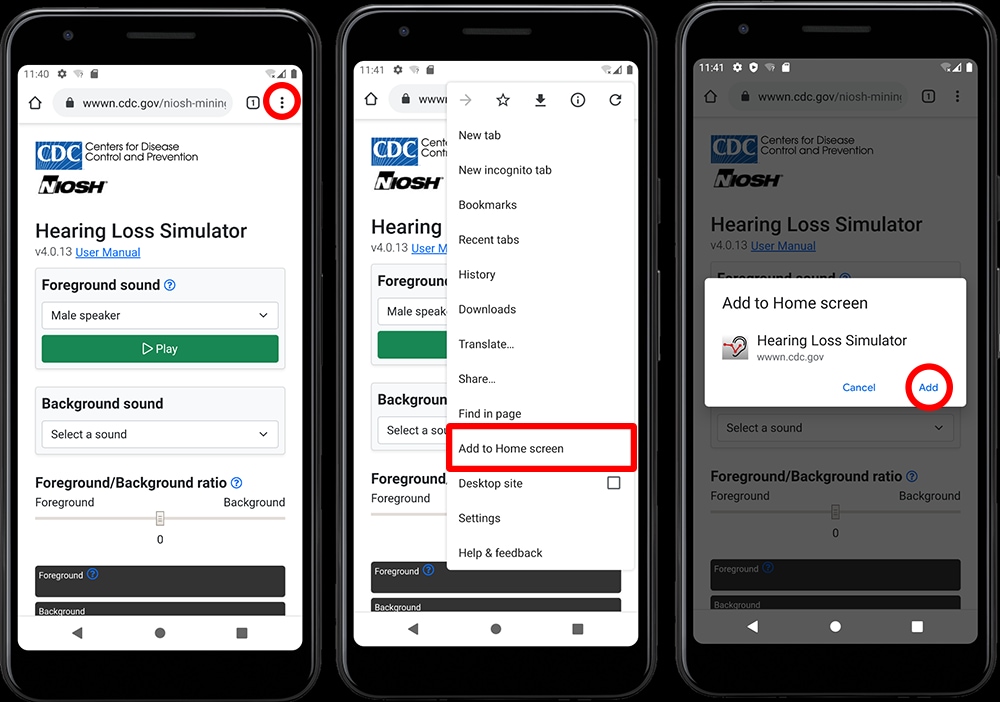 Screenshots showing PWA installation steps on Android