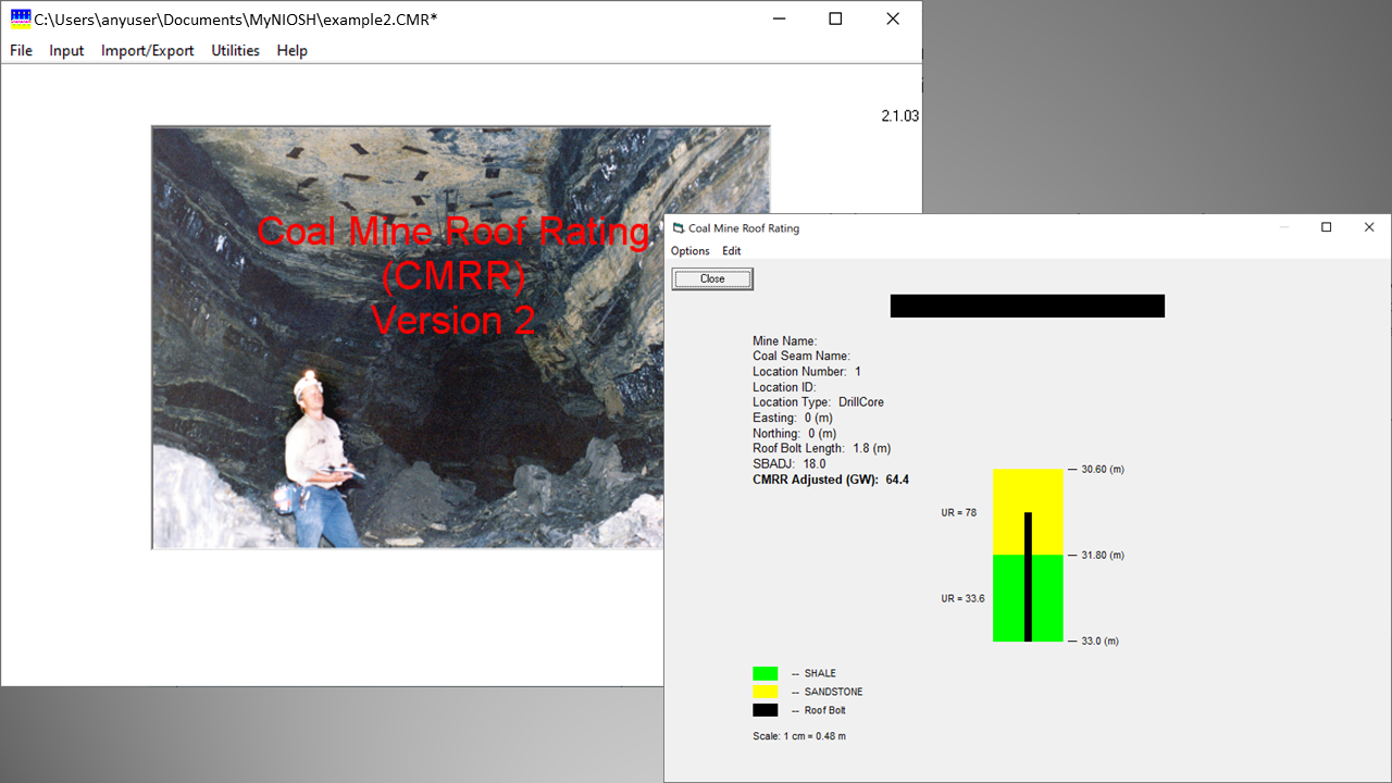 Screenshots from Coal Mine Roof Rating software