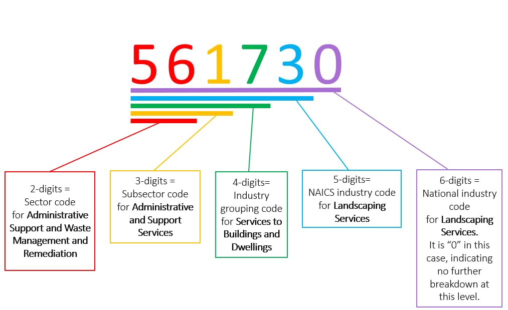 Sector code (least detailed): 56 (Admin support); Subsector code: 561 (admin and support srvcs); ind. grouping: 617 (services to buildings); NAICS ind. code: 56173 (landscape srvcs); National ind. code (most detailed): 561730 (landscape srvcs)