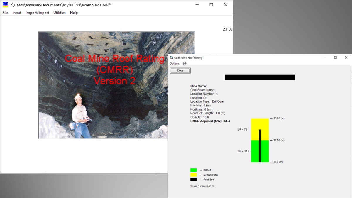 Opening screen and analysis screenshot from the Coal Mine Roof Rating (CMRR) software