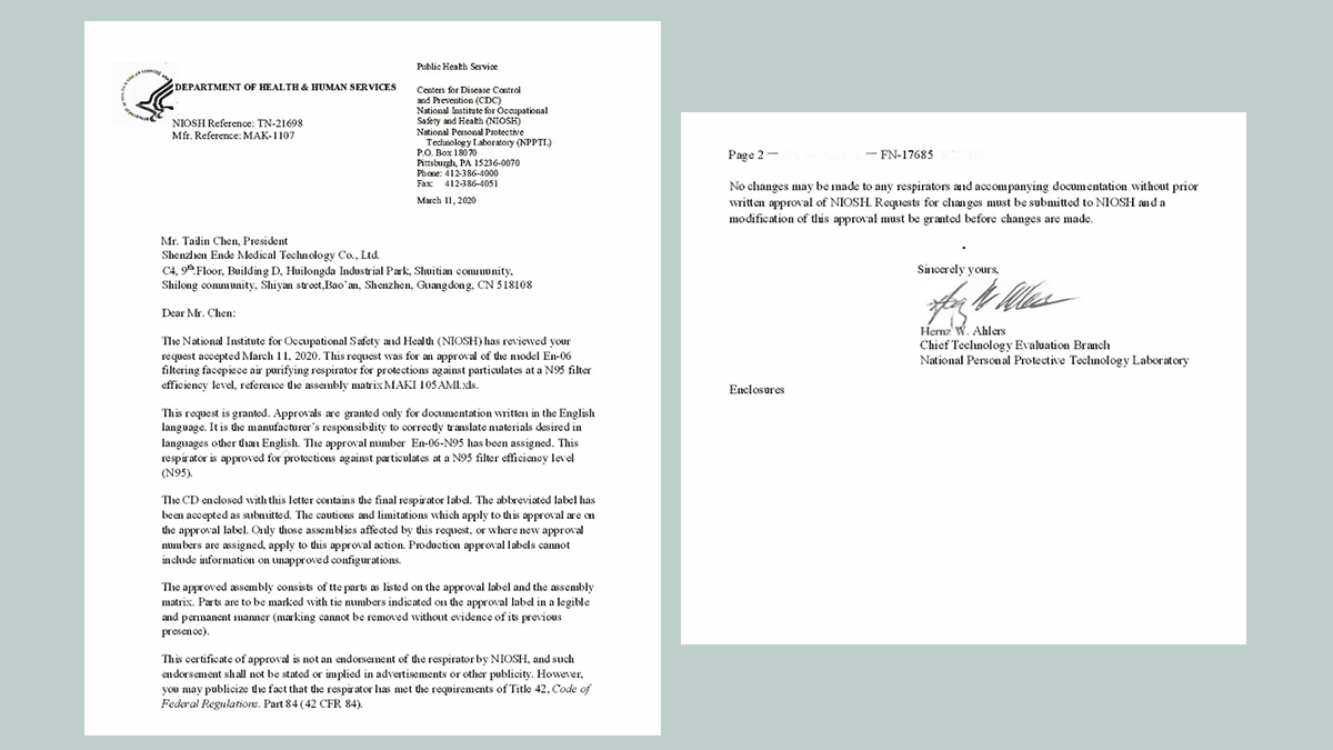 Letter misrepresenting a NIOSH approval