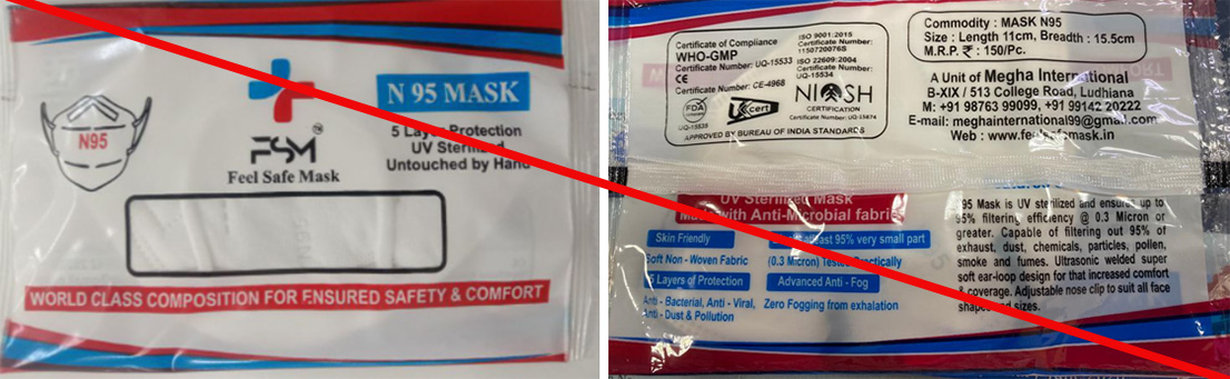 Front and back of product packaging misrepresenting a NIOSH approval.
