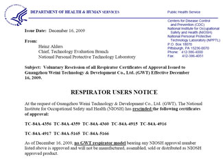 Letter misrepresenting a NIOSH approval
