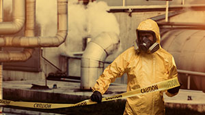 Worker in full PPE ensemble