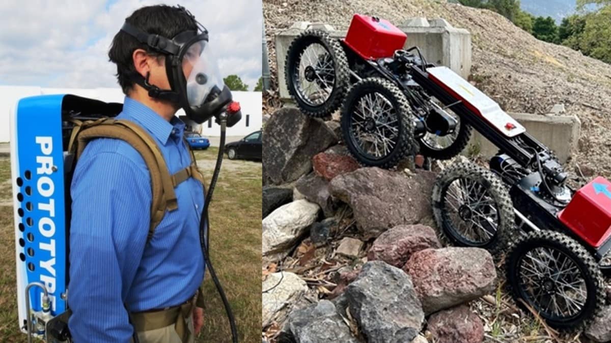 Photographs of researcher wearing prototype breathing apparatus and prototype mine emergency robot