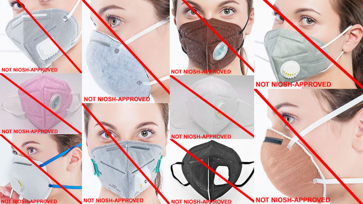 Collage of products misrepresenting a NIOSH approval. Some products are shown being worn by an individual.