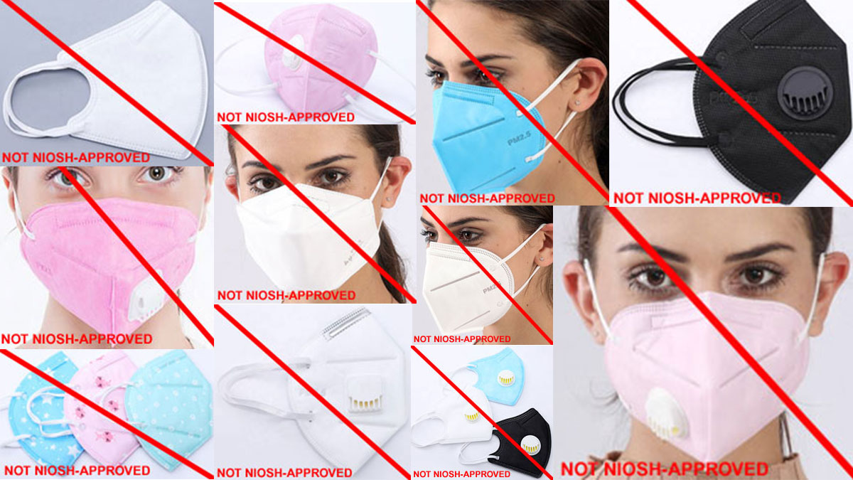 Collage of products misrepresenting a NIOSH approval. Some products are shown being worn by an individual.