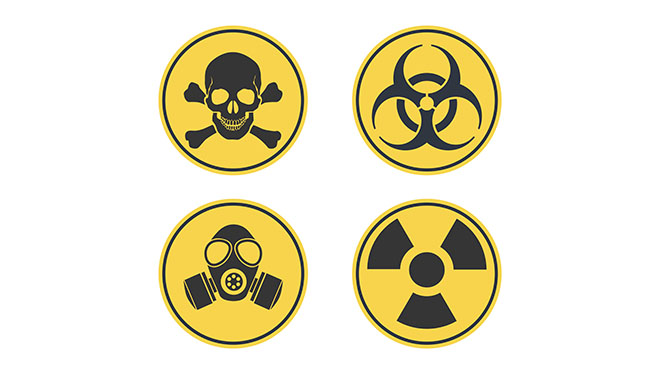 Set of four hazard warning signs: toxic hazard, biohazard, respiratory hazard, radioactive material hazard