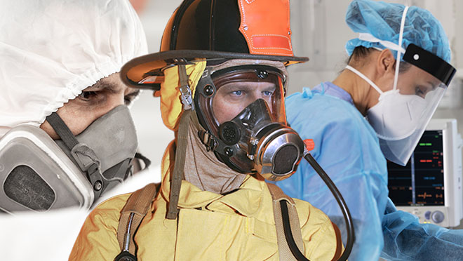 Collage of workers in different occupations with respirators
