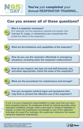 Infographic titled You’ve just completed your Annual RESPIRATOR TRAINING, with 6 questions to test your knowledge after completing your annual respirator training.