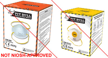 Two images of product packaging misrepresenting a NIOSH approval