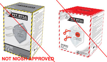 Two images of product packaging misrepresenting a NIOSH approval