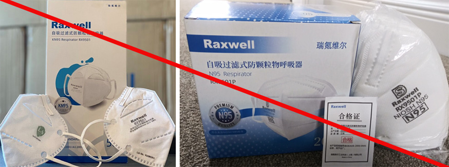 Two images of products and product packaging misrepresenting a NIOSH approval