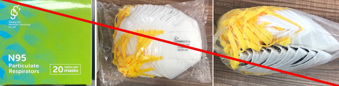 Image of product packaging. Two images of product misrepresenting a NIOSH approval in clear packaging.