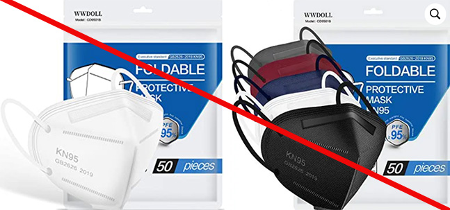 Two images of products and product packaging misrepresenting a NIOSH approval