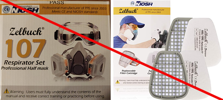One image of product packaging and another of replacement cartridges and filters that misrepresent a NIOSH approval