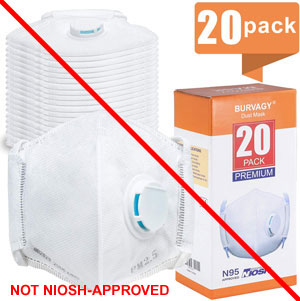 Stack of respirators and product packaging misrepresenting a NIOSH approval