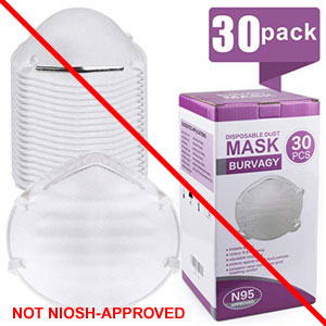 Stack of respirators and product packaging misrepresenting a NIOSH approval