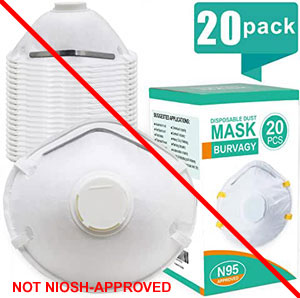 Stack of respirators and product packaging misrepresenting a NIOSH approval