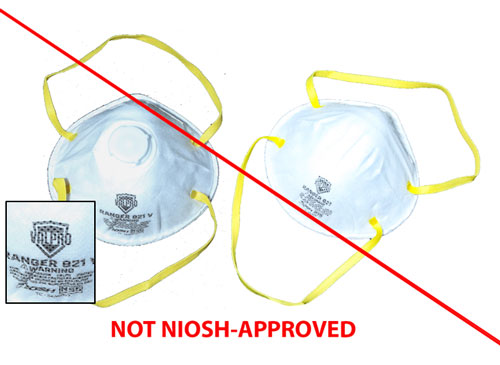Two images of counterfeit respirators. Box with image of zoomed in labeling next to one of the respirators.