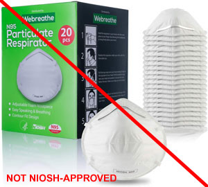Stack of respirators and product packaging misrepresenting a NIOSH approval