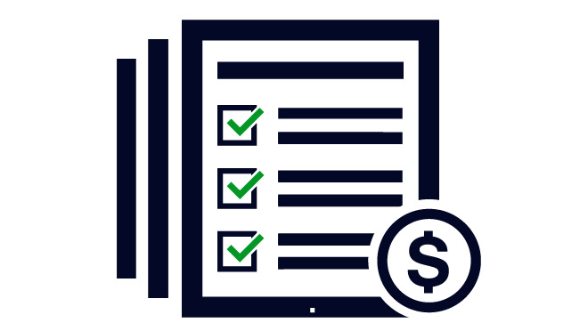 Stack of checklists with green check marks and a dollar sign in the corner