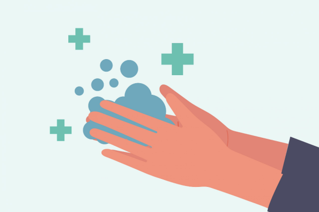 Two hands with suds to signify washing hands.