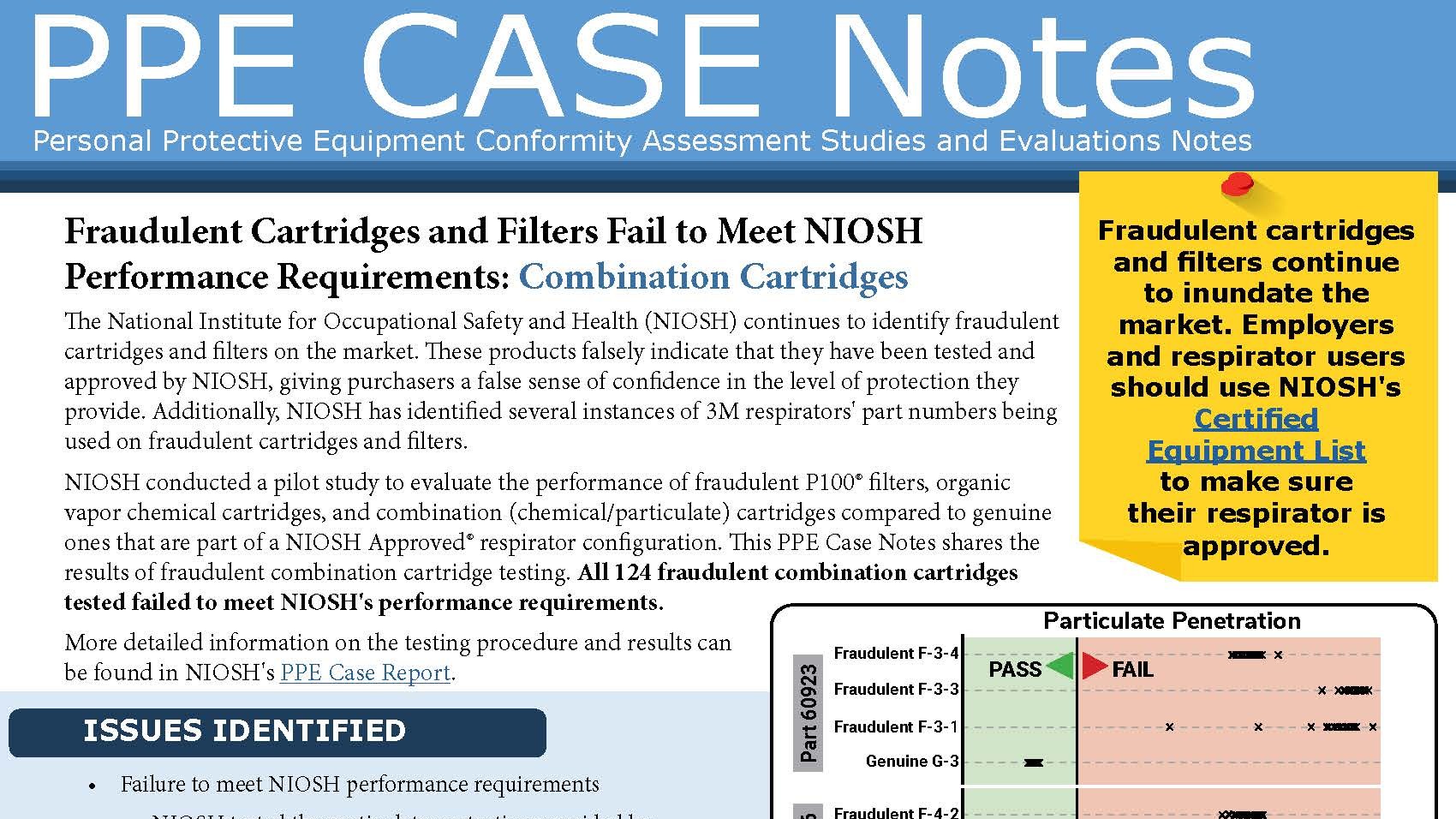 Image of the report titled, Fraudulent Cartridges and Filters Fail to Meet NIOSH Performance Requirements: Combination Cartridges