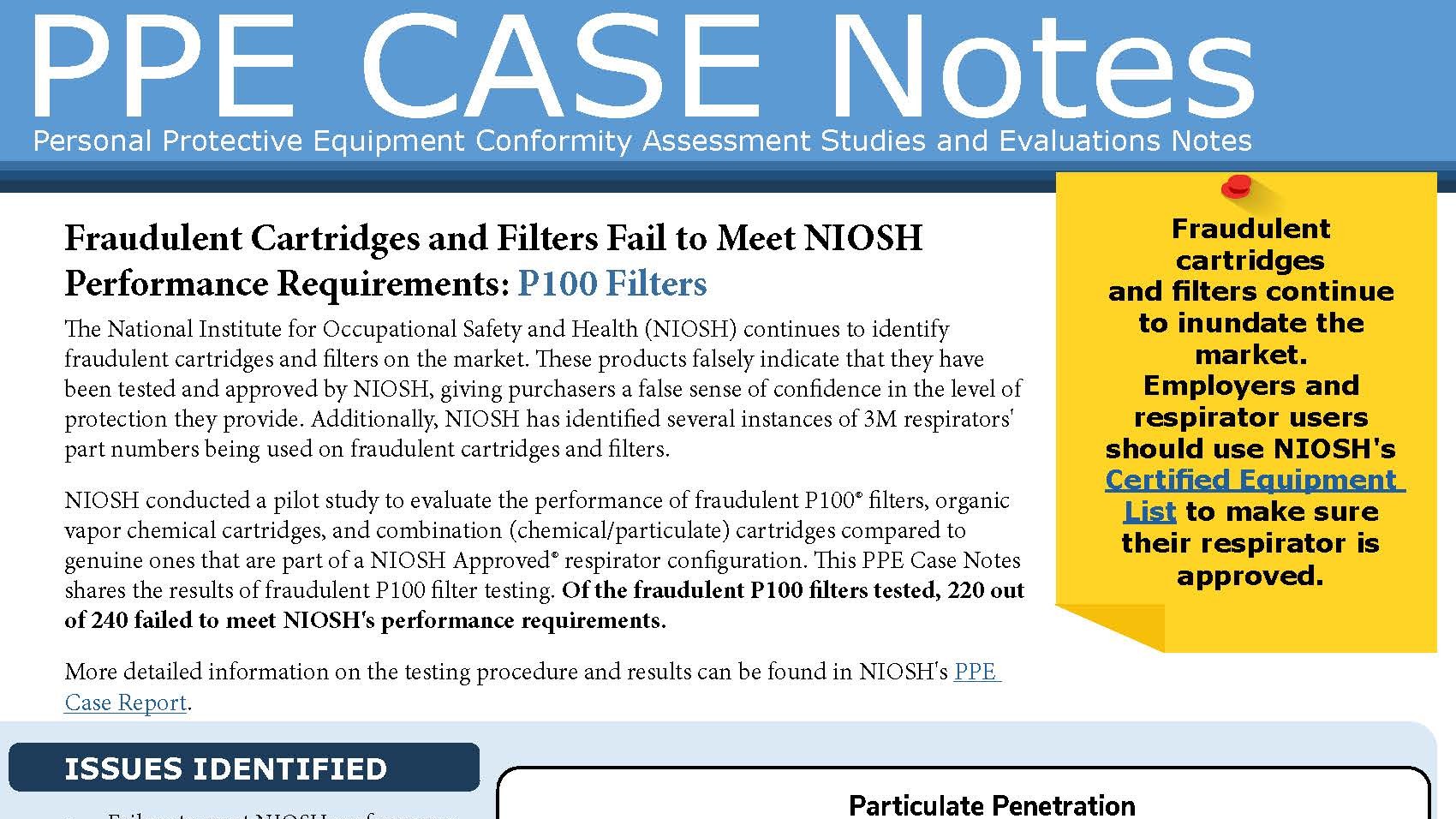 Image of the report titled, Fraudulent Cartridges and Filters Fail to Meet NIOSH Performance Requirements: P100 Filters.