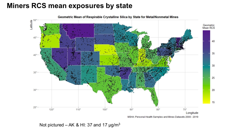 Figure 2. Miners' mean RCS exposures by state, Micrograms per cubic meter.