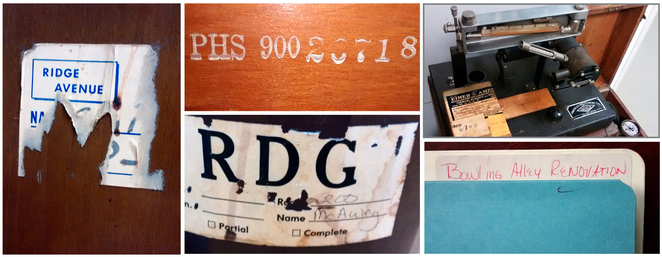 Evidence today of renovation of and move to NIOSH Ridge Ave. facility. Clockwise from left: Moving sticker on bookshelf; PHS identification stencil on bookcase; Mercury vapor detector from PHS 1930's hatters' study; Bowling Alley renovation folder; Moving sticker on trash can.