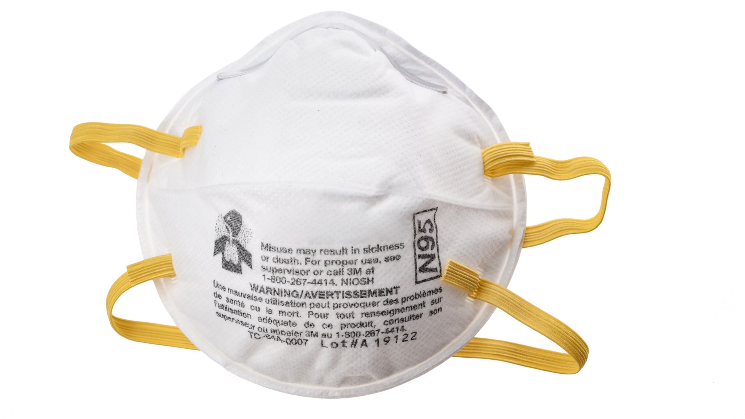 white n95 mask with NIOSH, lot number, and N95 printed