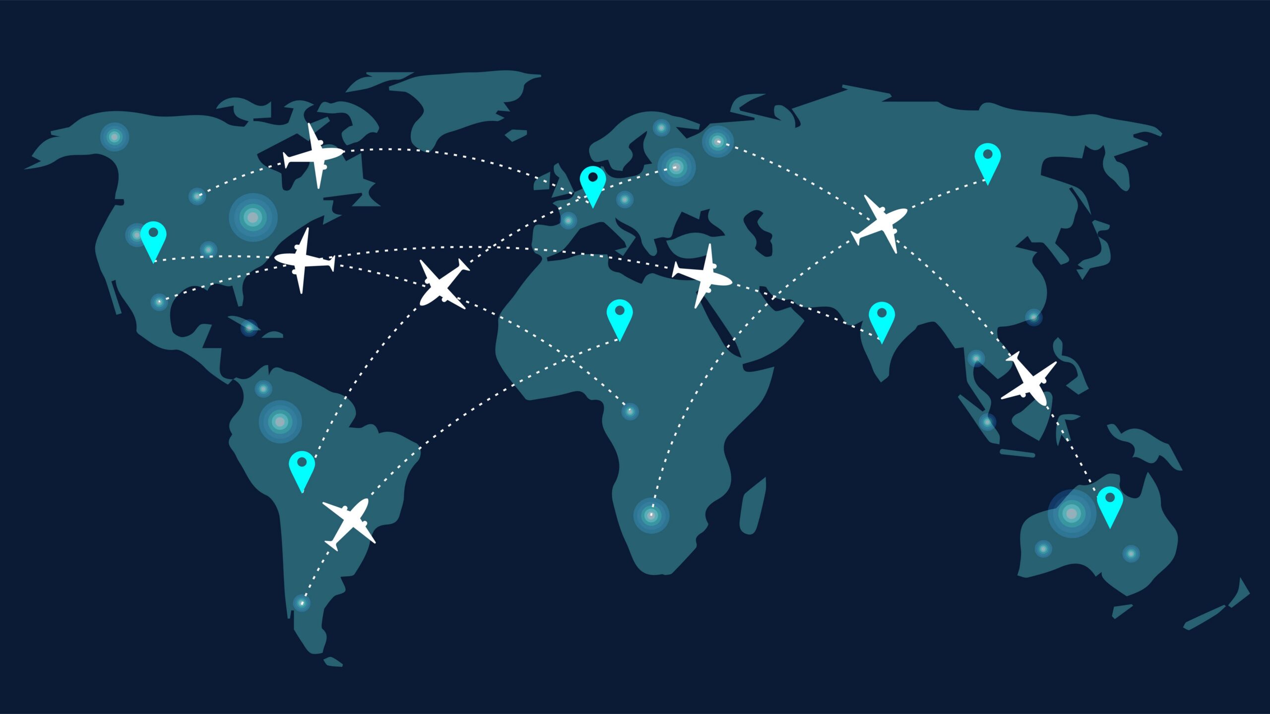 flat map of the world with planes flying across to different locations