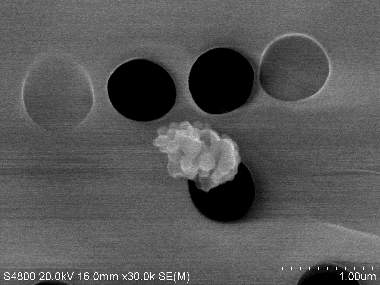 Figure 1. A dense cluster composed of multiple smaller nanoscale particles collected in a workplace using multiple 3D printers with plastic filament (Courtesy of A. Knepp, NIOSH).