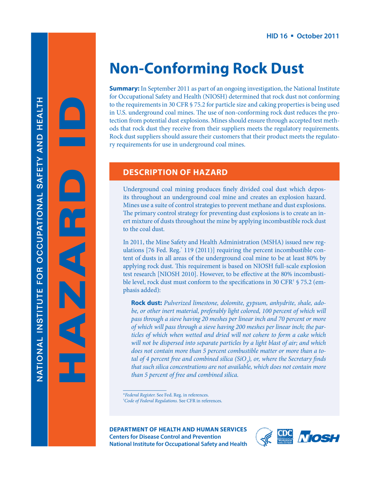 NIOSH Hazard ID 16 - Non-Conforming Rock Dust